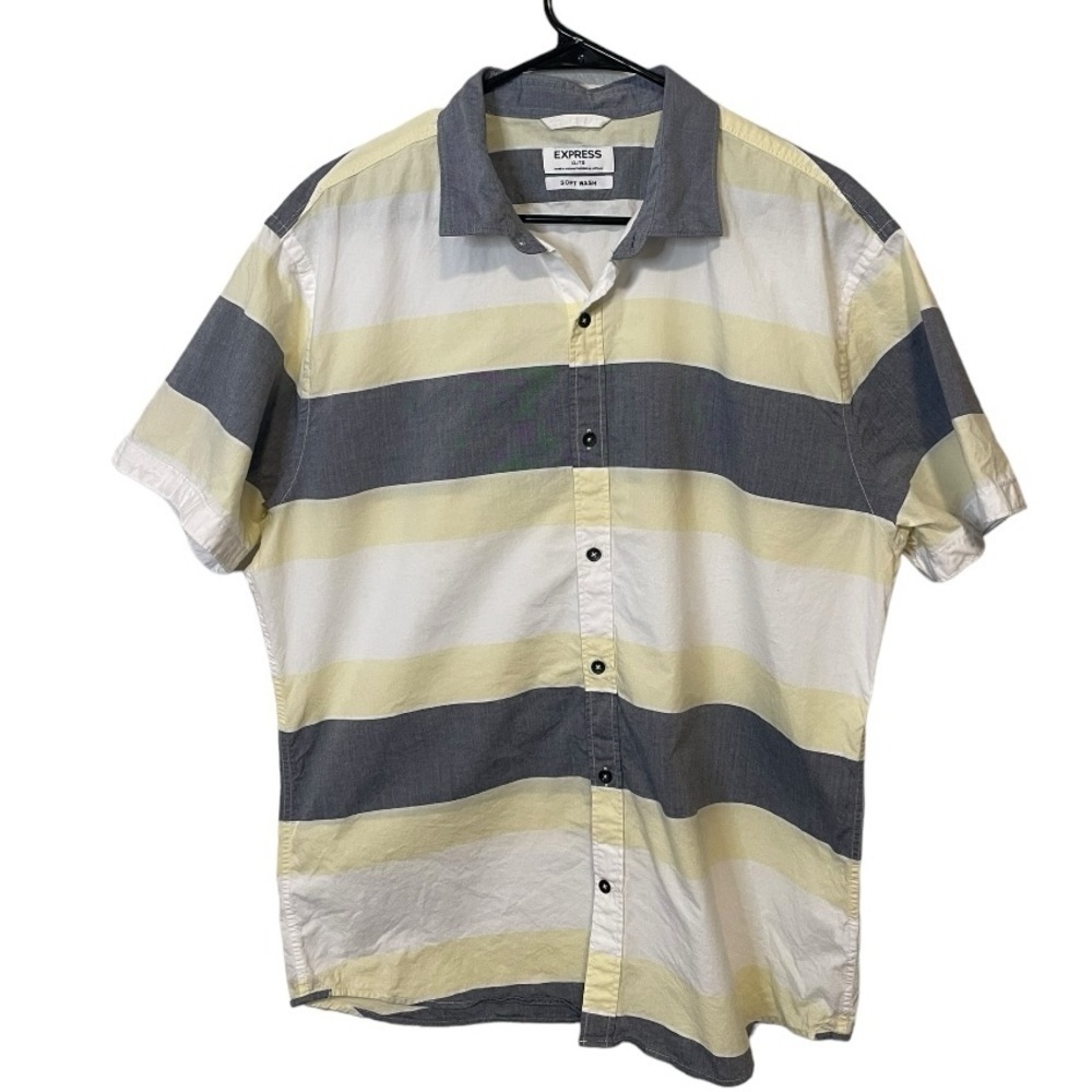 Mens Express Short Sleeve Button Down Size XLarge Stripe; White Yellow Blue